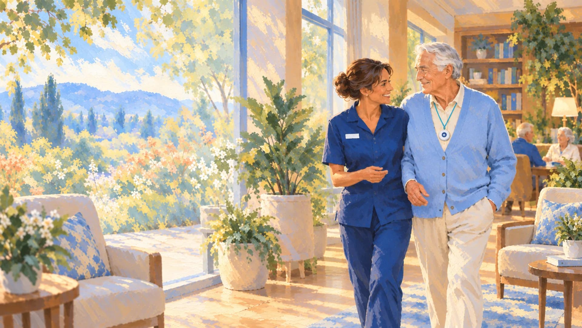 A caregiver walks arm in arm with a resident wearing the JXN pendant through a sunlit community lounge